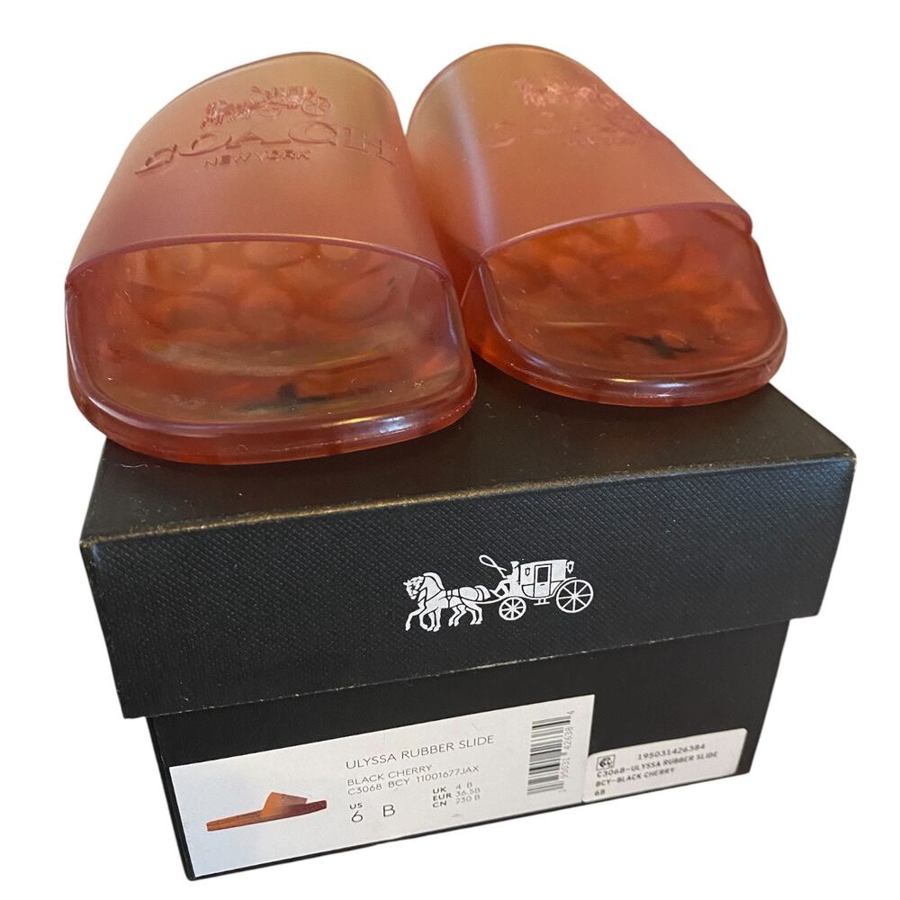 NIB 6 COACH Ulyssa Black Cherry Water-Resistant Jelly Rubber Logo Slip-On Slides